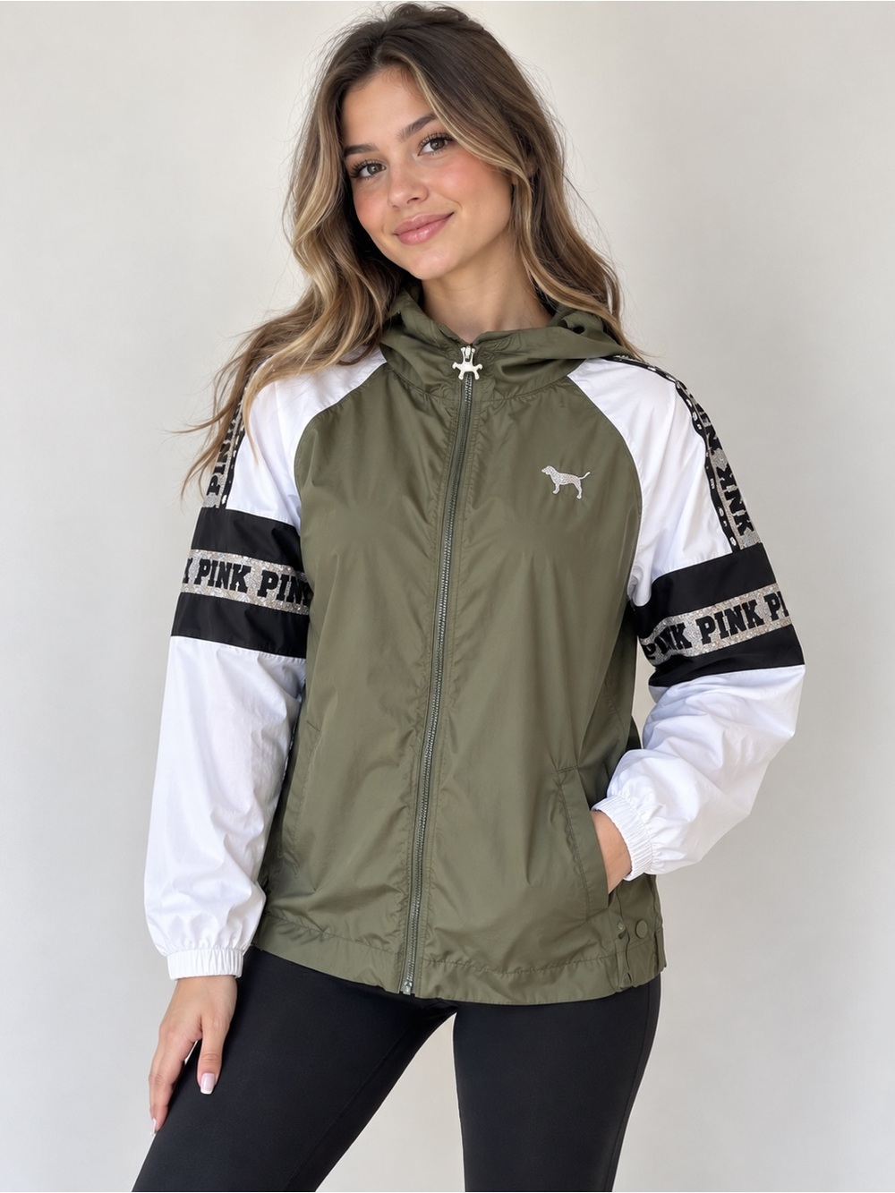 PINK Victoria's Secret Olive Green and White Hooded Varsity Jacket